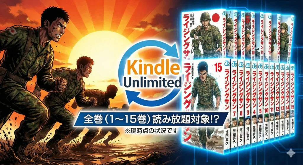 Kindle Unlimitedで漫画『ライジングサン』が全巻（1～15巻）読み放題対象！？（※現時点の状況です）／自衛隊員たちが泥の中を駆けるイラストと単行本全巻の書影。